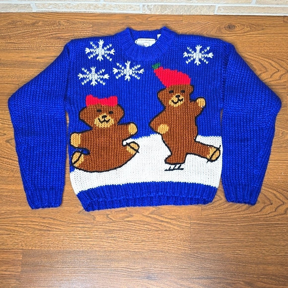 VTG 80s Handknit Teddy Bear Snowflake Ice Skating Sweater Blue - Picture 1 of 6